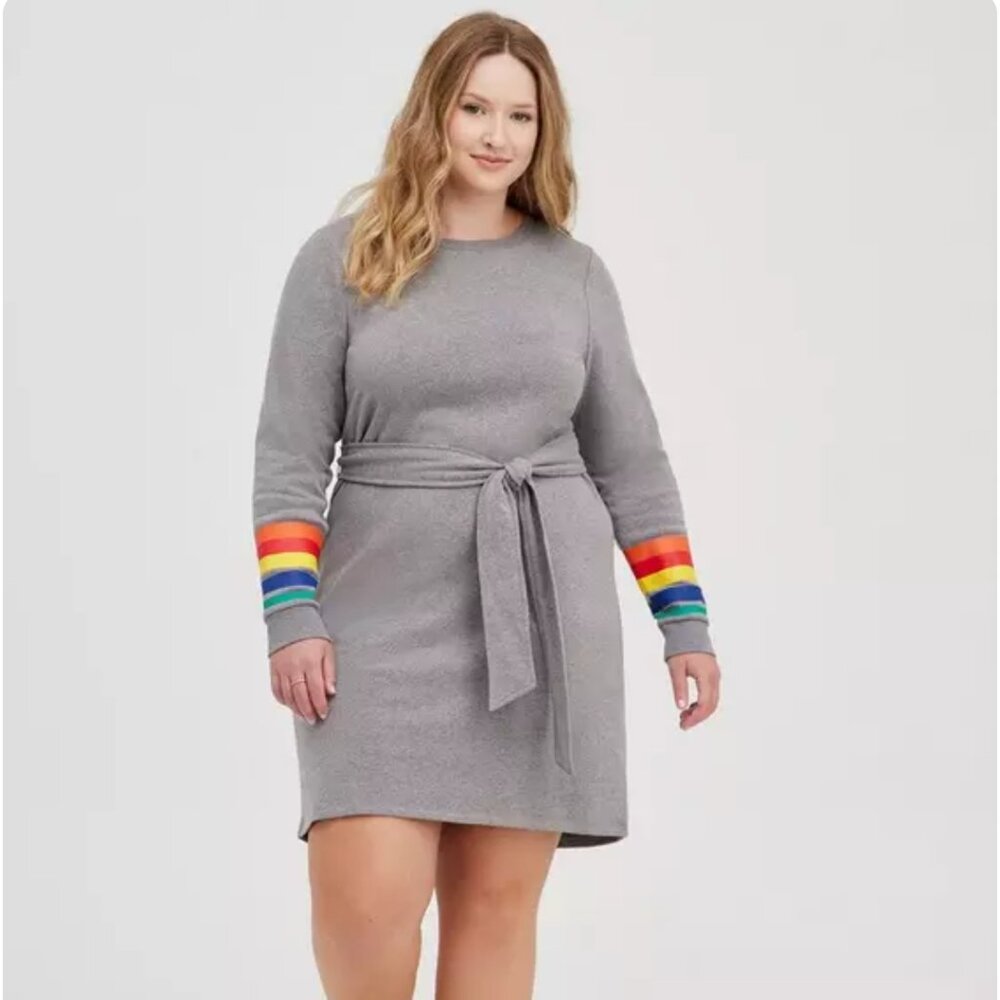 Torrid Size 3 (22/24W) Gray Shift Dress Rainbow Cuffs & Tie Waist Belt NWT